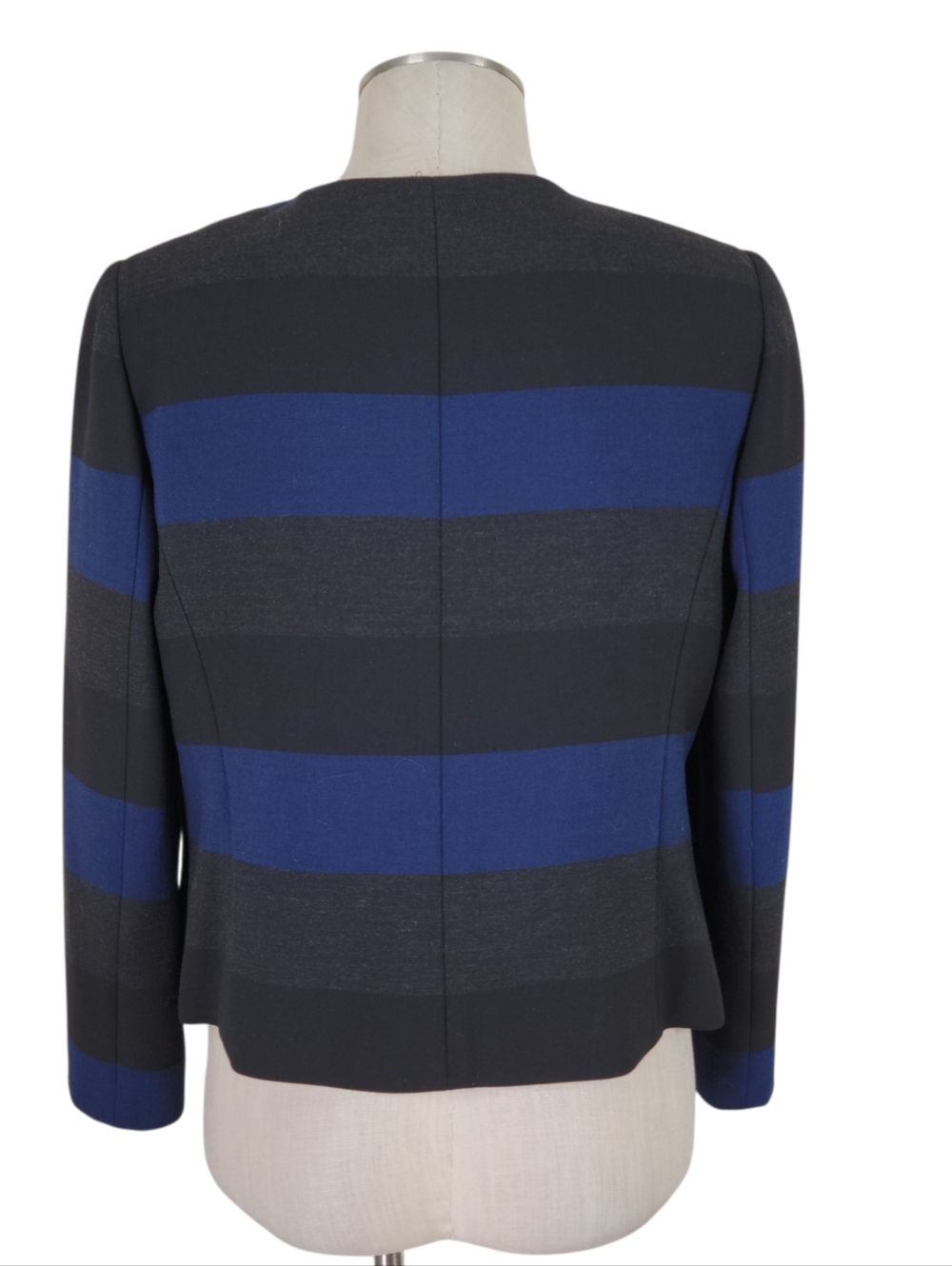 Tahari ASL Blazer Size 10P Blue Gray Black Wide Stripes Open Front Top Hook Eye - Picture 5 of 11